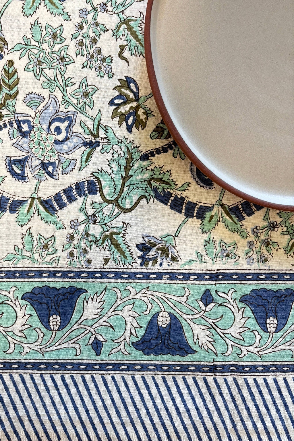 "Como Lunch" blockprint cotton tablecloth green/blue