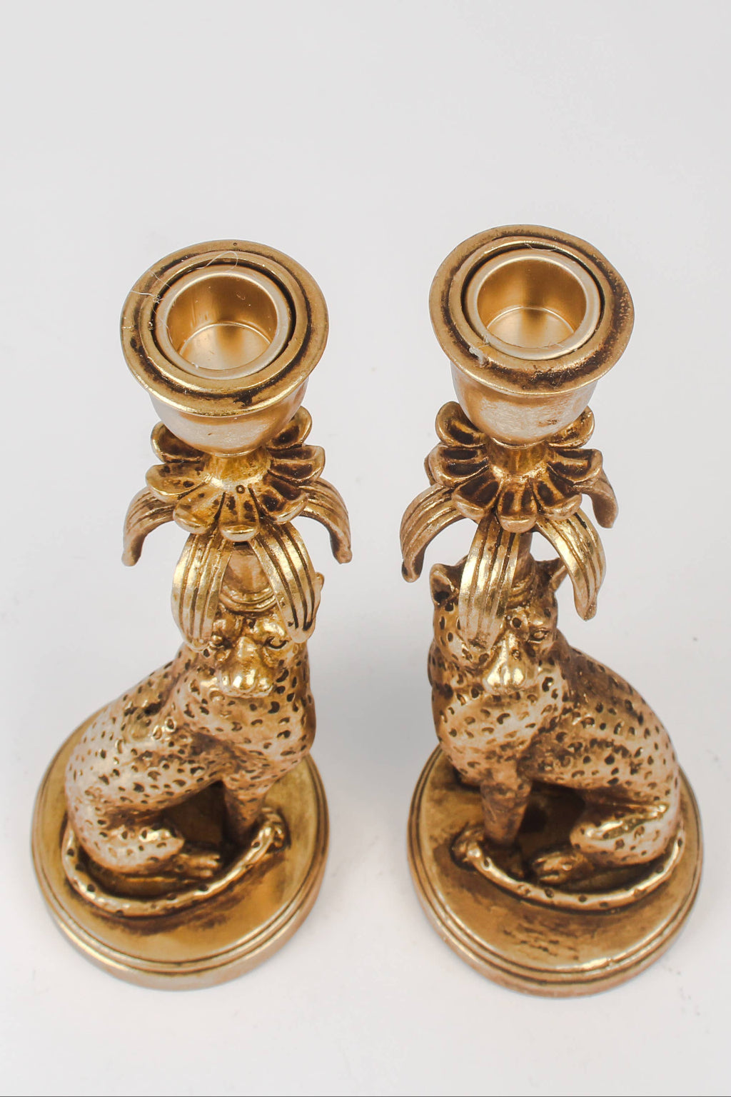 Leopard Candlestick Holders – Regal Elegance in Antique Gold 2 pk