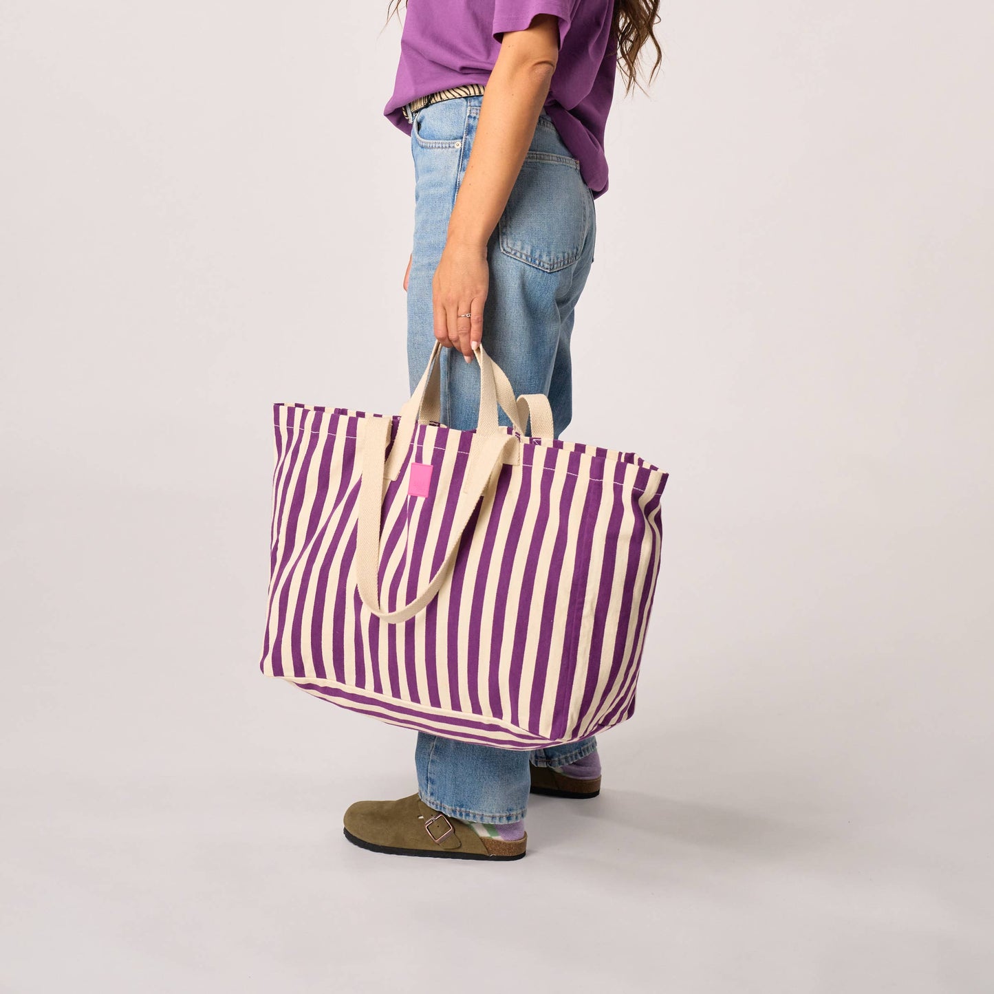 100% organic cotton tote bag - Striped, purple and ecru