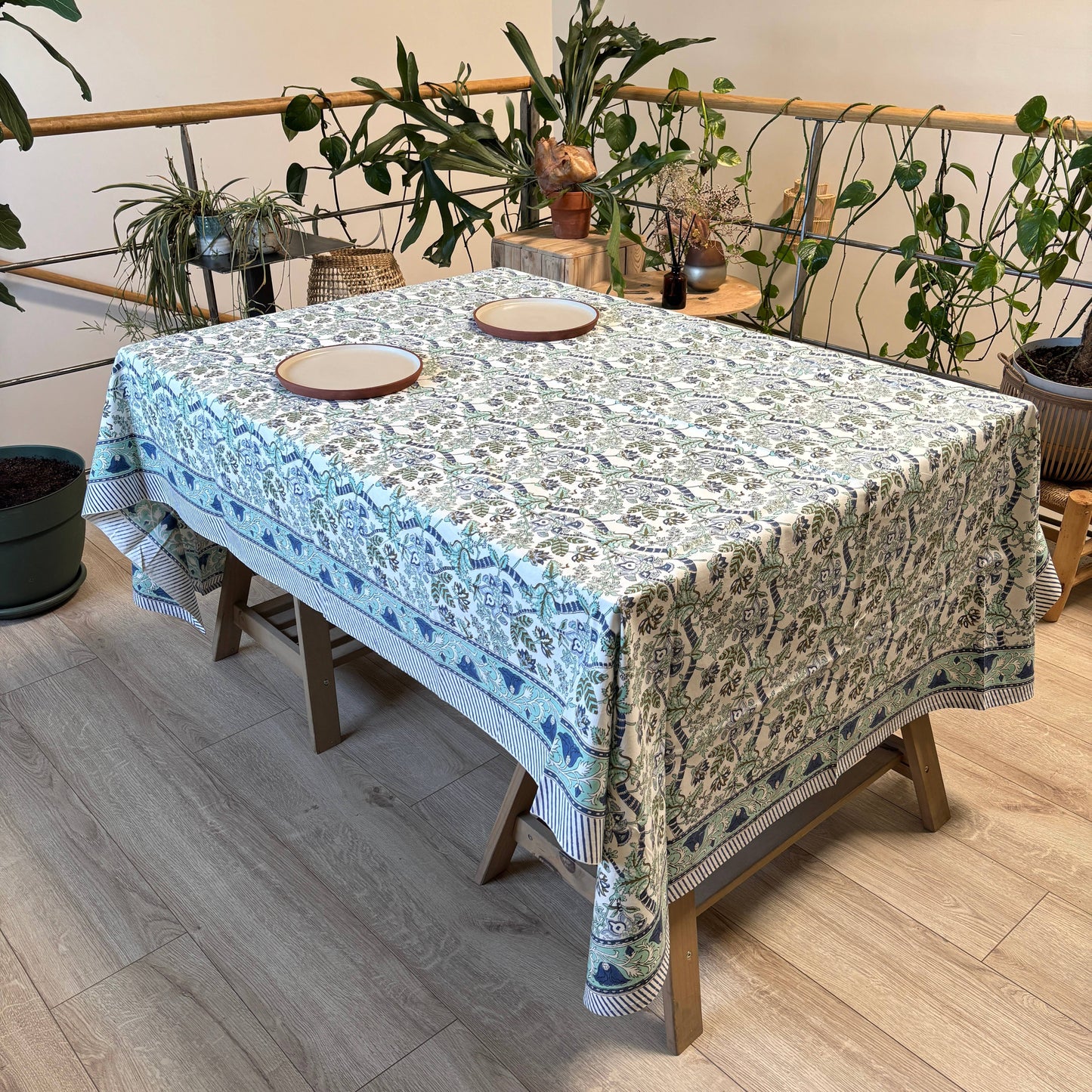 "Como Lunch" blockprint cotton tablecloth 150 x 220cm