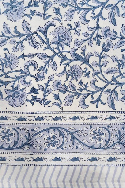 "Chateau Lunch" tablecloth hand block-printed cotton blue