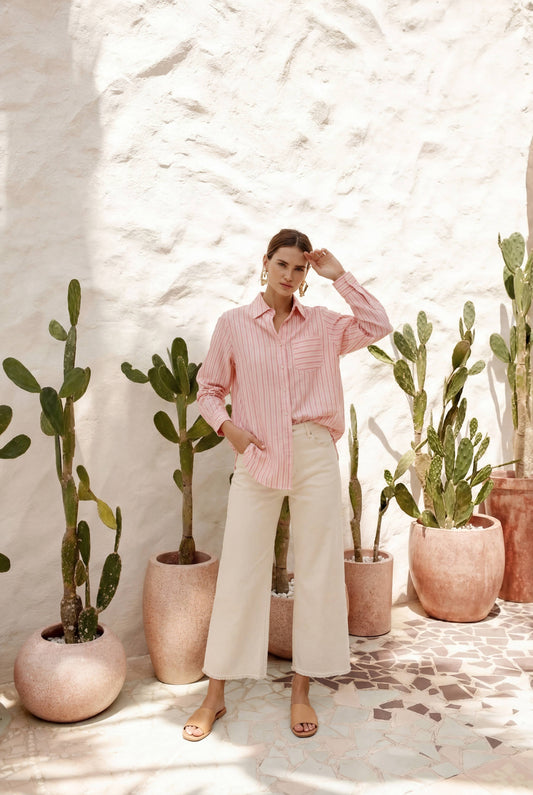 Frenchy- Pink Striped Cotton Shirt