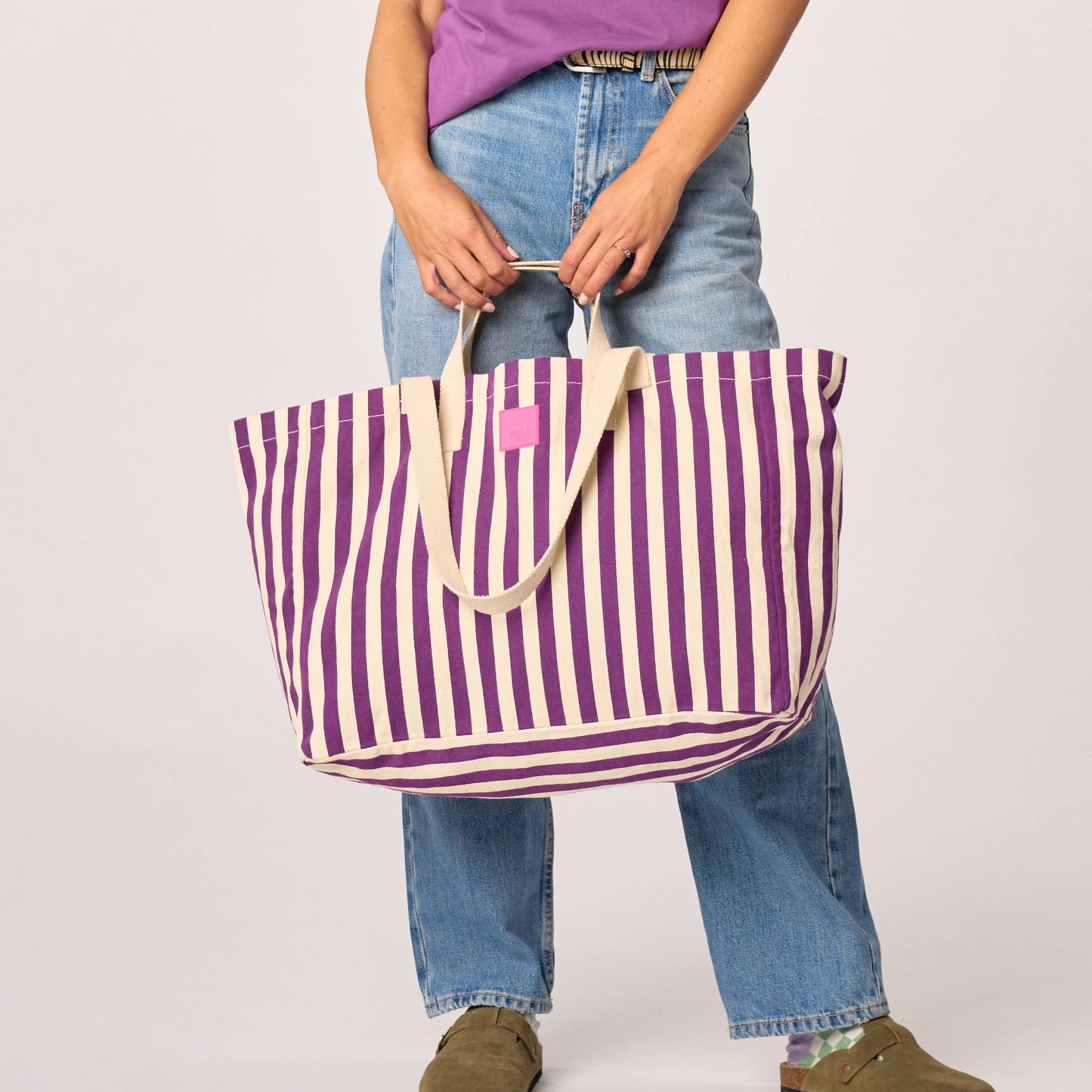 100% organic cotton tote bag - Striped, purple and ecru