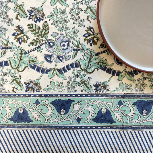 "Como Lunch" blockprint cotton tablecloth 150 x 220cm