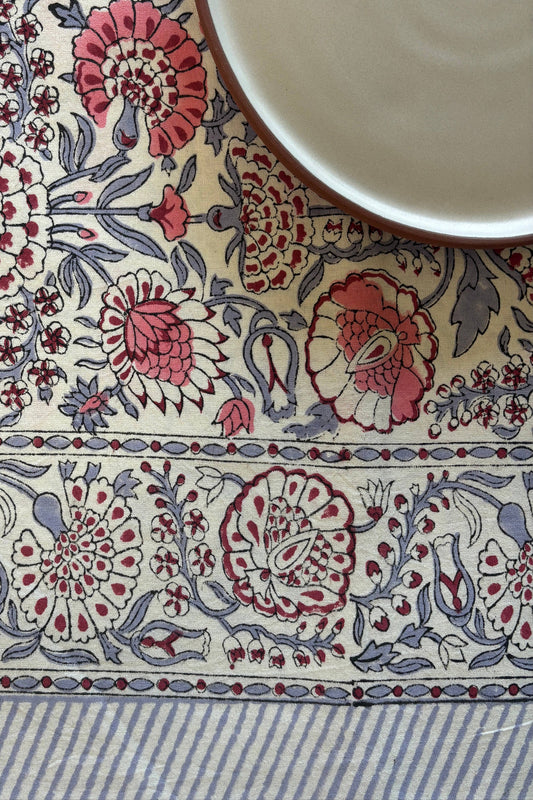 "Tuileries" hand block-printed cotton tablecloth blue/pink