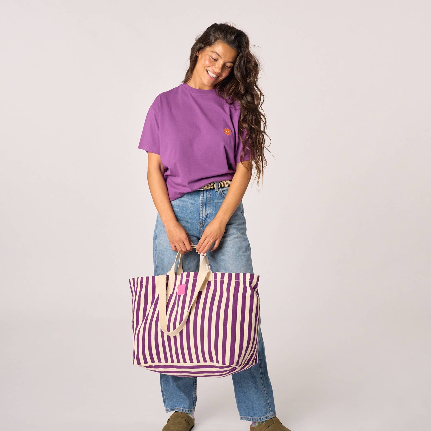 100% organic cotton tote bag - Striped, purple and ecru