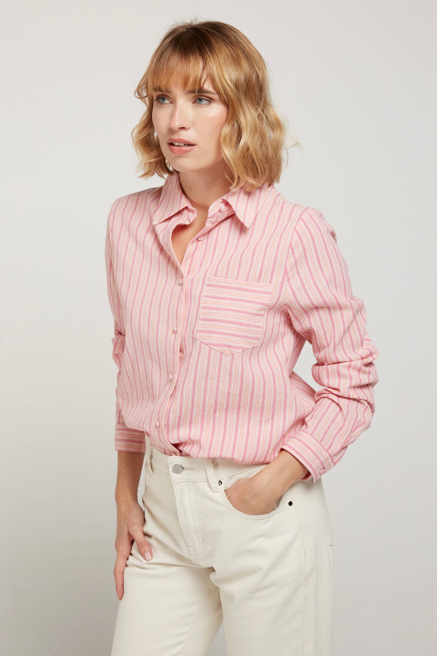 Frenchy- Pink Striped Cotton Shirt