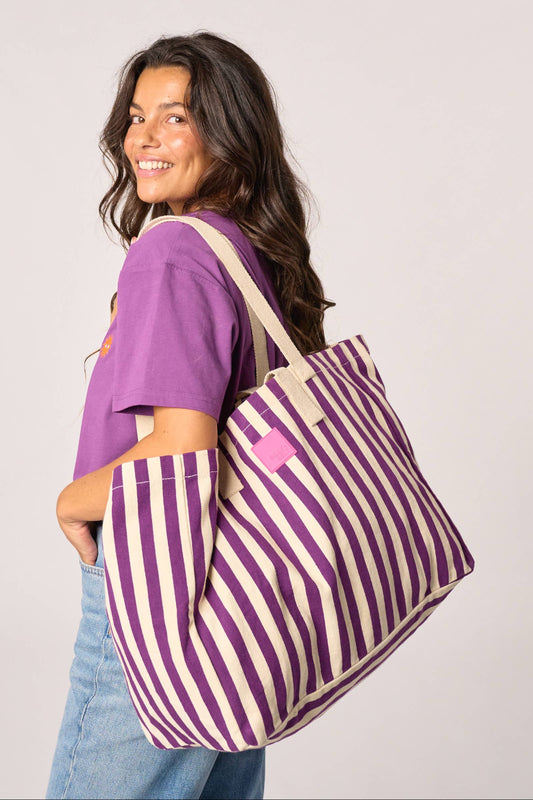 100% organic cotton tote bag - Striped, purple and ecru