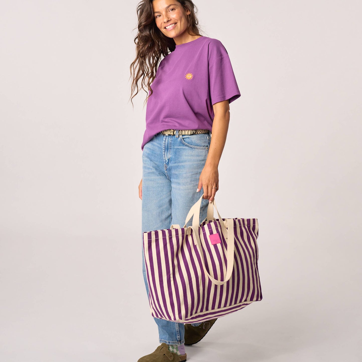 100% organic cotton tote bag - Striped, purple and ecru