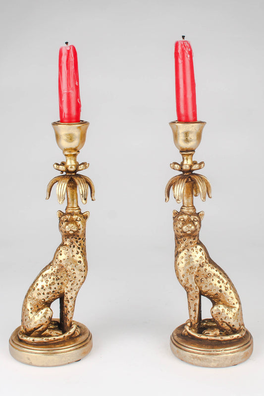 Leopard Candlestick Holders – Regal Elegance in Antique Gold 2 pk