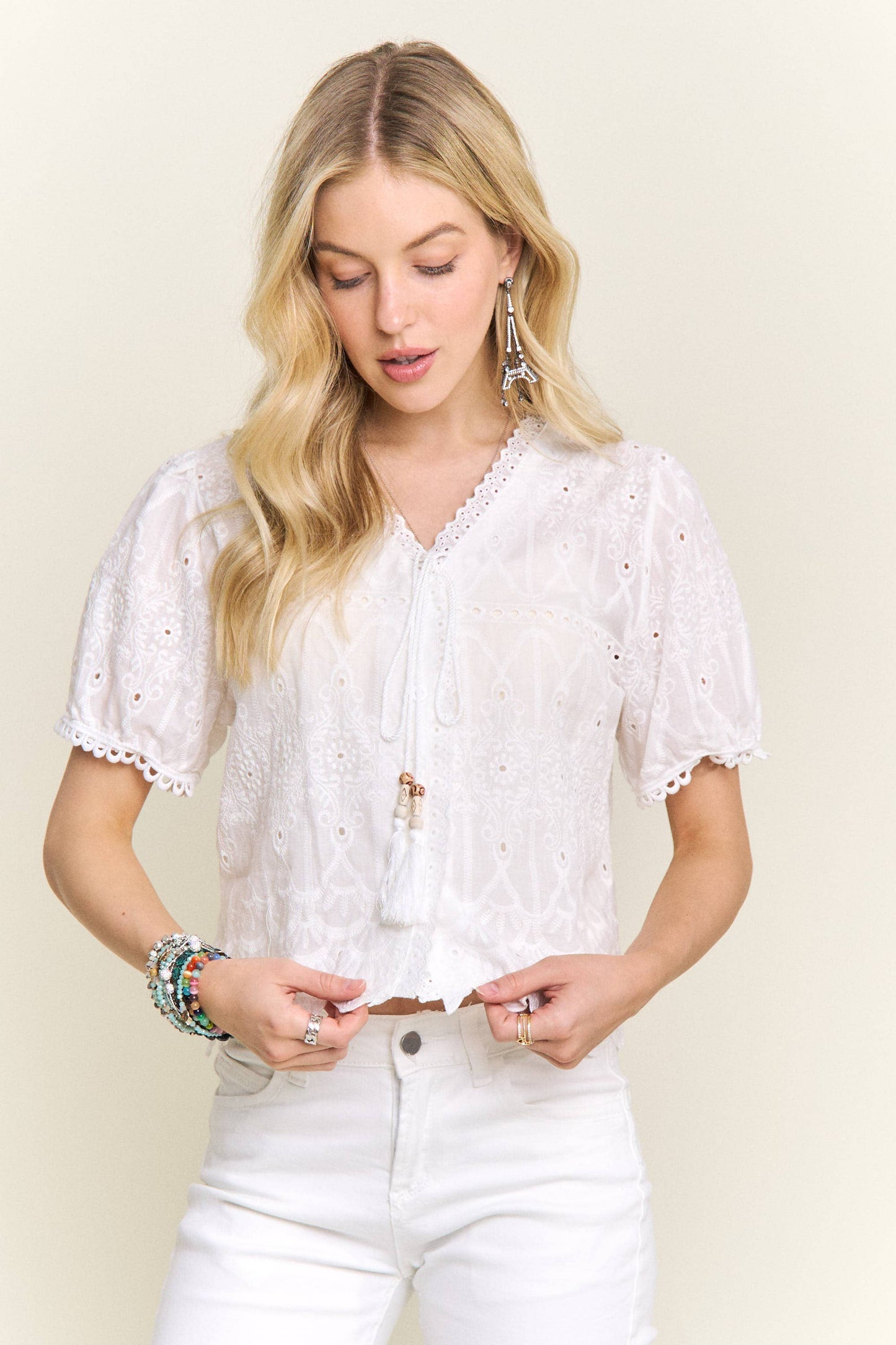 V-NECK EMBROIDERED BOHO BLOUSE- CET4209