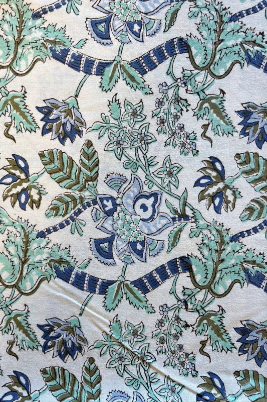 "Como Lunch" blockprint cotton tablecloth green/blue